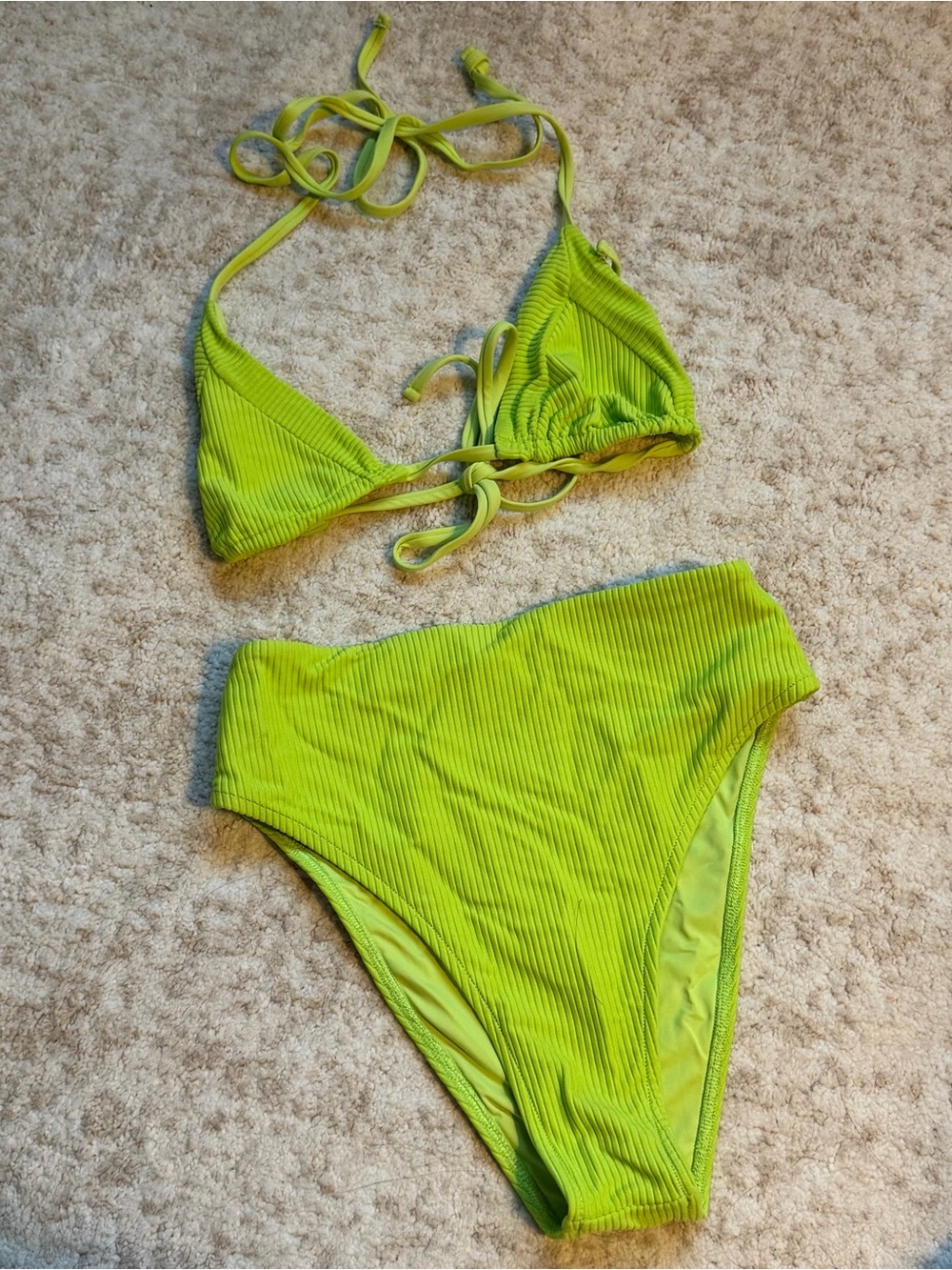 Frankie's Bikinis Neon Lime Sky Ribbed High-Waist Triangle Bikini Set (XS)
